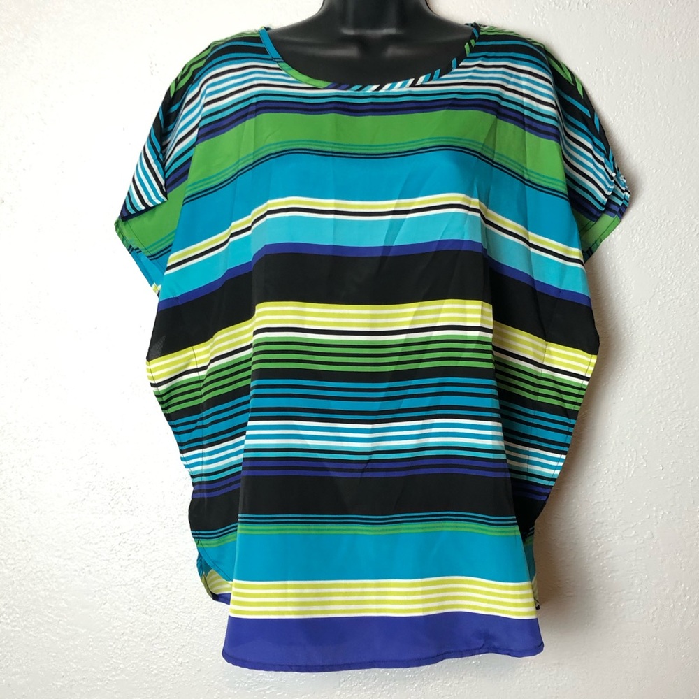 COMO Black batwing shirt blouse blue striped Sz M